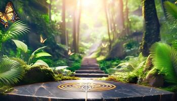 Magical Forest Path with Black Marble Platform and Golden Symbol photo