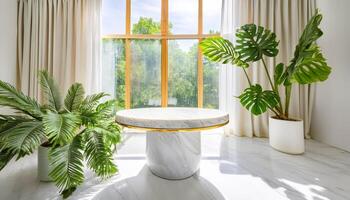 Minimalist Interior with Marble Table and Greenery photo
