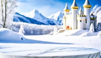 Marble Tabletop in Snowy Winter Wonderland with a Castle in the Background photo