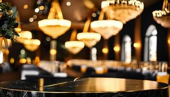 Black Marble Table Top with Golden Rim in a Blurred Luxury Setting photo