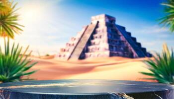 Black Marble Platform In Front of Mayan Pyramid With Desert Scene photo