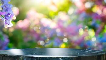 Black Marble Table Top With Bokeh Background photo