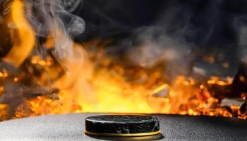 Black Marble Coaster with Golden Rim on a Black Surface with Blurred Background of Fire and Smoke photo