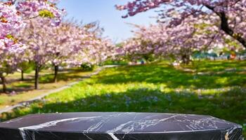 Empty Stone Table In Front of a Blurred Cherry Blossom Tree photo