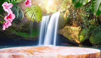 Waterfall Background with Marble Platform photo