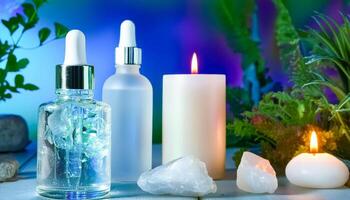 Spa Products and Scented Candles on White Table photo