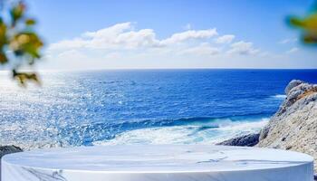 Marble Product Display on a Cliff Overlooking the Ocean photo