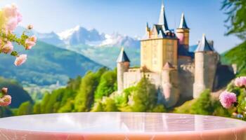 Empty Product Display with Castle and Mountain Background photo