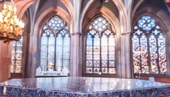 Stone Table in Front of Stained Glass Windows photo
