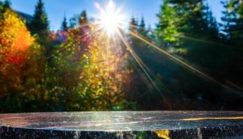 Black Granite Tabletop With Sunlight Shining Through Trees photo