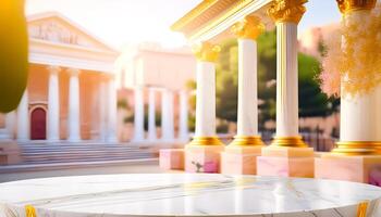 Marble Table Top with Gold Trim in Front of Ancient Columns photo