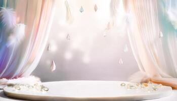 Minimalist Product Display with Feathers and Crystal Decorations photo