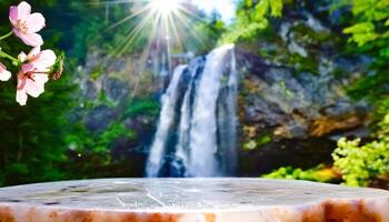 Stone Table with Waterfall Background photo