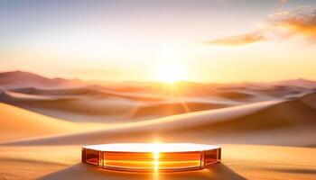 Glass Product Display Platform in Desert at Sunset photo