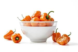 Orange habanero peppers in a white bowl on a white background photo