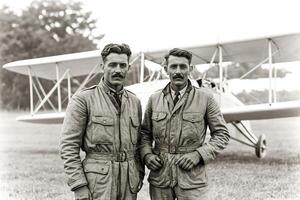 Two Pilots Stand Proudly in Front of Their Biplane photo