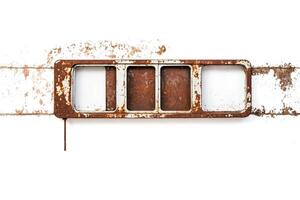 Rusty Metal Frame with Three Windows on a White Wall photo