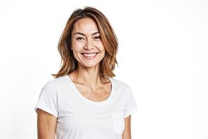 retrato de un sonriente mujer con marrón pelo vistiendo un blanco camiseta foto
