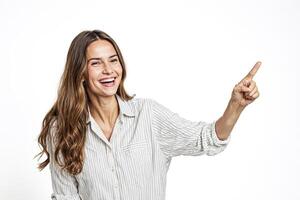 Happy Woman Pointing Up While Smiling photo