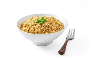 Close-up of a bowl of noodles with a fork photo