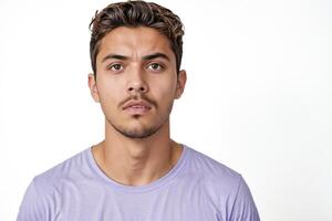 Young man looking pensive, isolated on white background photo