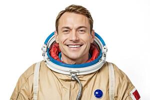 retrato de un sonriente astronauta en un traje espacial foto