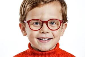 Portrait of a smiling boy wearing red glasses photo