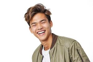 Portrait of a happy young man in a green jacket photo