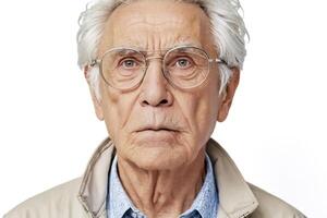 Close-up portrait of a pensive senior man with glasses photo