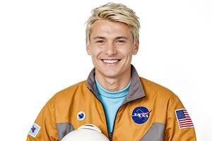 Portrait of a Smiling Astronaut in a Yellow and Gray Spacesuit photo