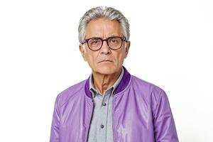 Senior Man in Purple Jacket, Serious Expression photo