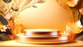 Golden Product Display with Floral Background photo