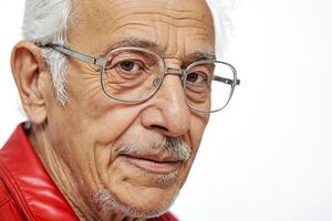 Close-up portrait of a senior man with glasses and a mustache photo