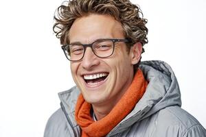 Man laughing with glasses and orange scarf photo