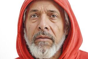 Close up portrait of a man with a grey beard in a red hoodie photo