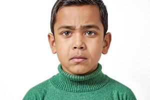 Closeup portrait of a young boy looking serious photo
