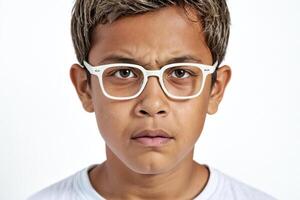 Boy with serious expression wearing white frame glasses photo