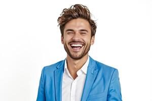 Man in blue blazer laughs happily photo