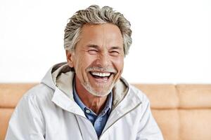 Portrait of a smiling senior man in a white jacket photo