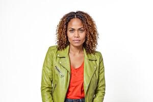 Portrait of a Young Woman Wearing a Green Leather Jacket photo