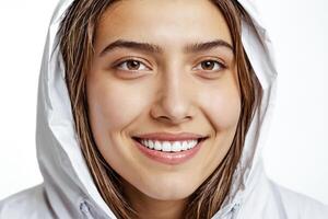 Portrait of a smiling woman in a white hooded jacket photo