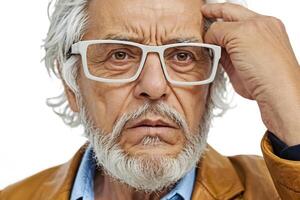 Close-up portrait of a thoughtful senior man with a white beard and glasses photo