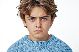 Portrait of a Young Boy with a Frowning Expression photo