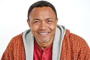 Portrait of a smiling man wearing a red and grey sweater photo