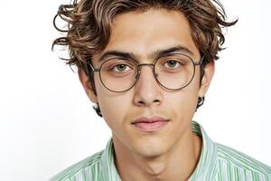 Portrait of a young man with green eyes and glasses photo