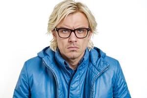 Portrait of a Young Man Wearing Glasses, with a Serious Expression, Looking Directly at the Camera photo