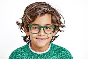 Portrait of a smiling boy wearing green glasses photo