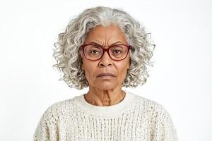 Portrait of a woman with grey hair, looking directly at the camera with a skeptical expression. photo