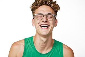 Portrait of a cheerful young man laughing with his eyes closed photo