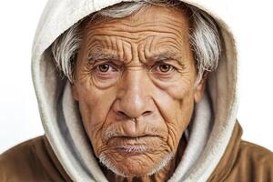 Closeup Portrait of an Elderly Man with a White Hoodie photo